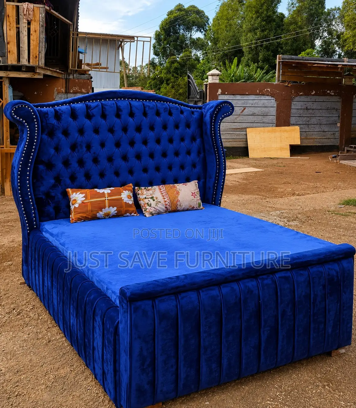 5x6 Luxury Wingback Upholstered Bed | Royal Blue Velvet Bed Frame