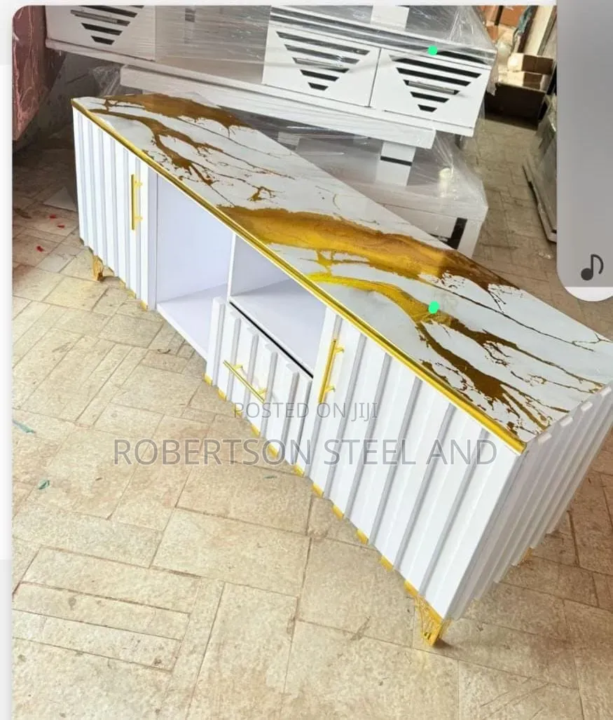 White With Gold Marble Top Tv Stand