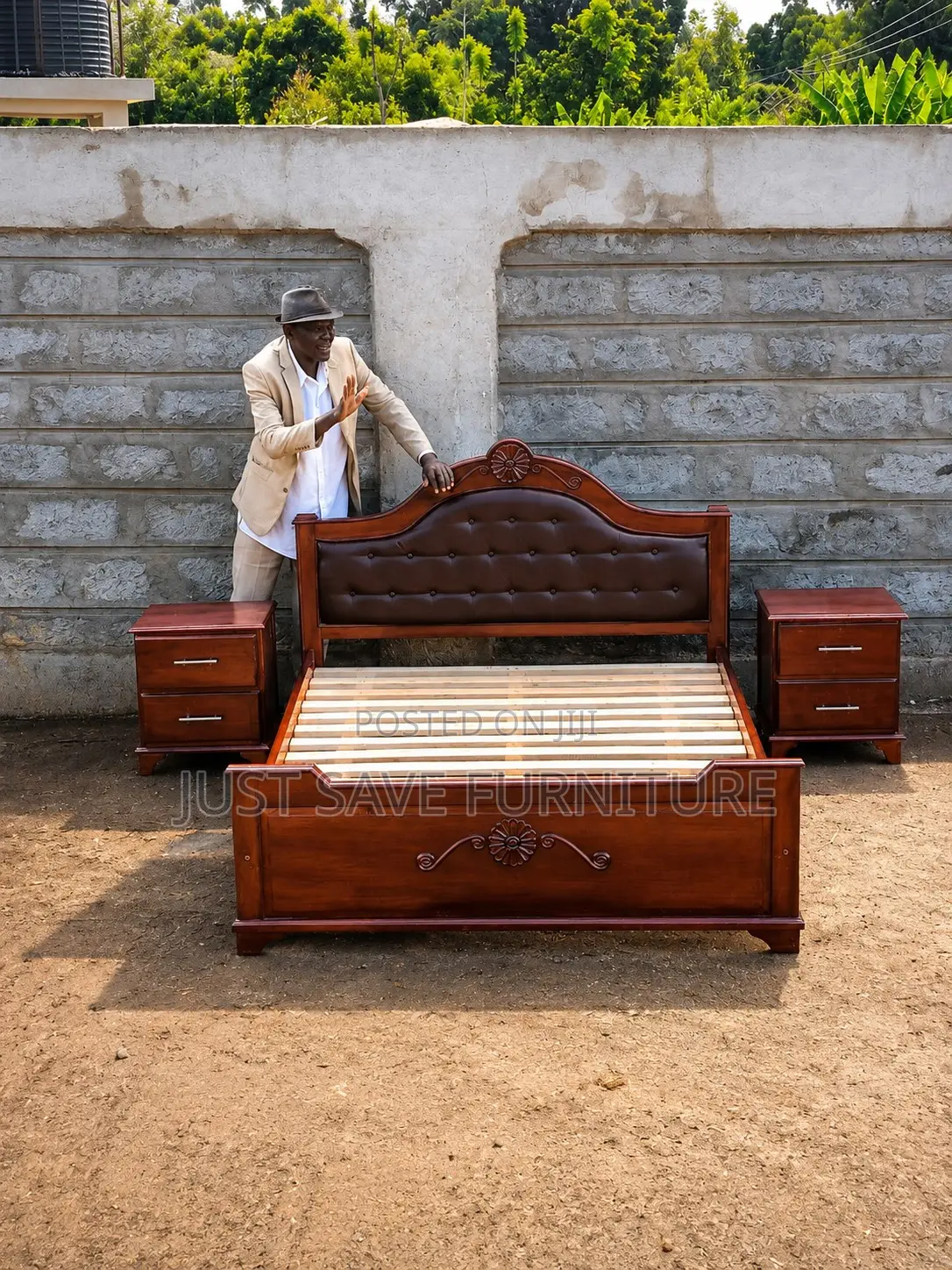 5x6 Solid Mahogany Wooden Bed With 2 Bedside Cabinets