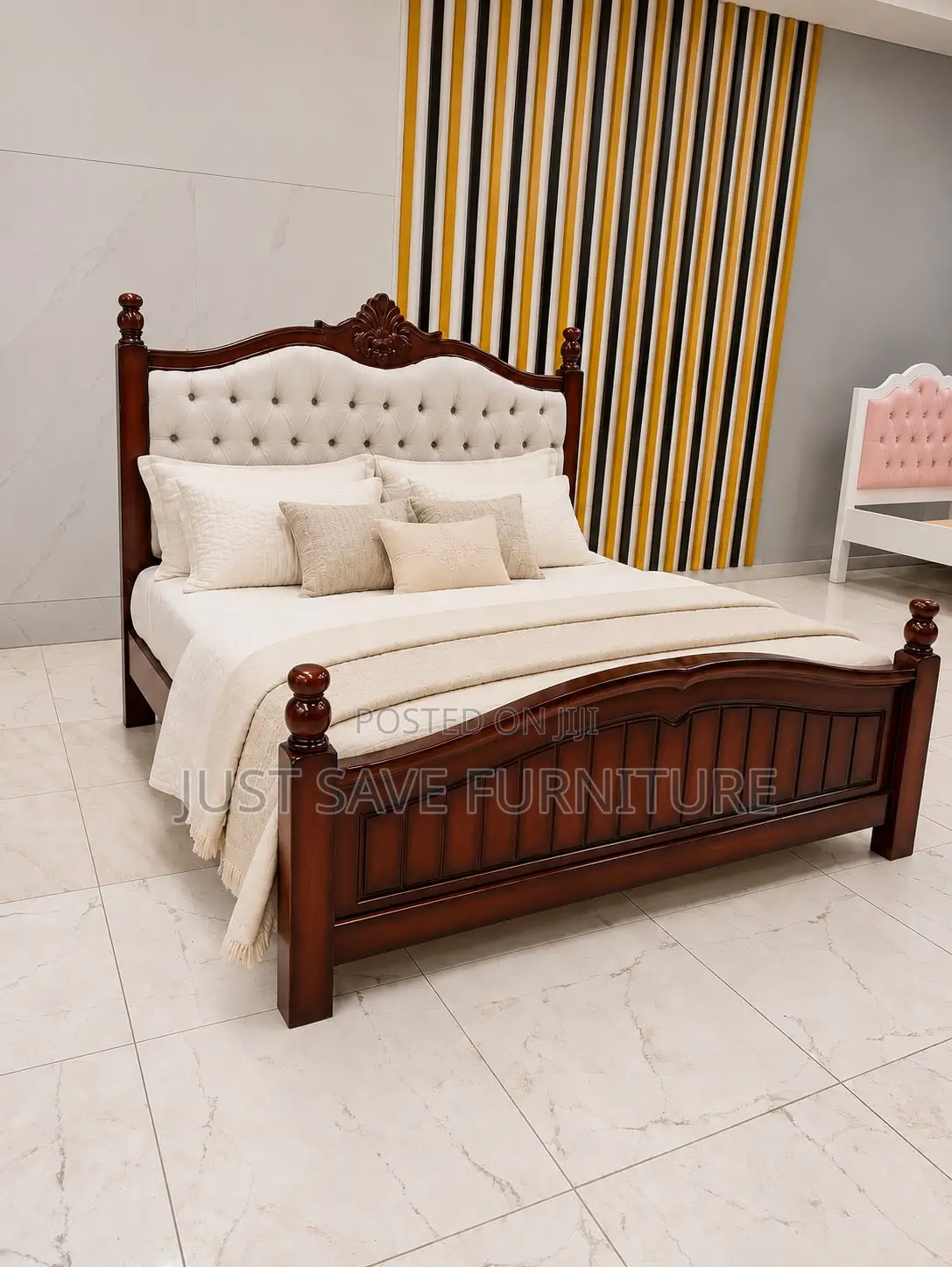 5x6 Solid Mahogany Wooden Bed | Tufted Upholstered Headboard
