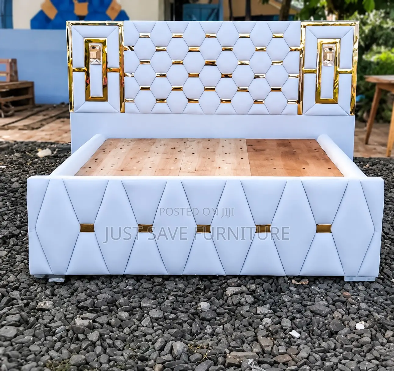 5x6 Luxury White Upholstered Bed | Modern Bed Frame With Gold Accents