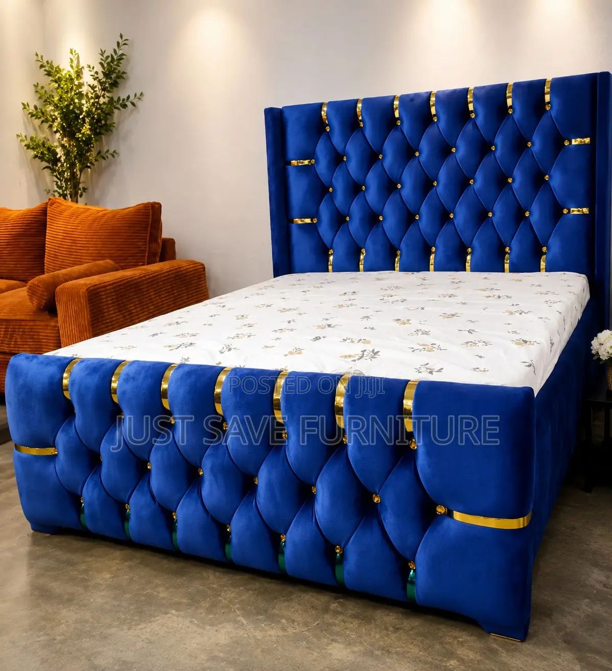 5x6 Royal Blue Upholstered Bed | Tufted Velvet Bed With Gold Accents