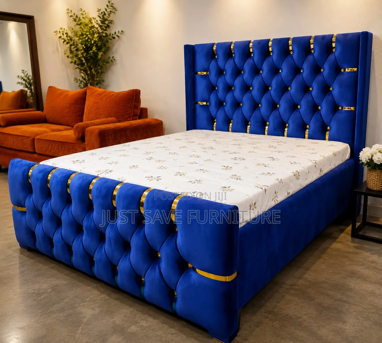 5x6 Royal Blue Upholstered Bed | Tufted Velvet Bed With Gold Accents