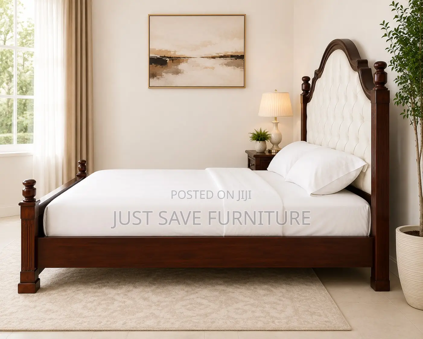 5x6 Solid Mahogany Bed | Upholstered Headboard | Luxury Wooden Bed