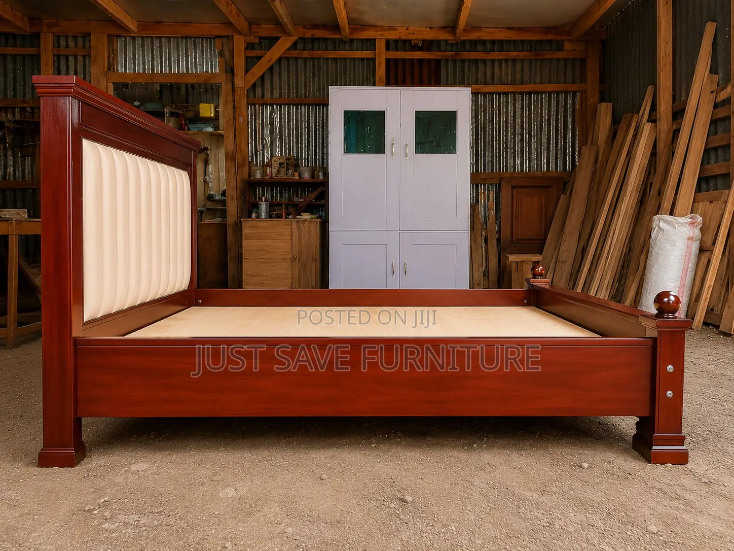 5x6 Panel Mocket Bed | Mahogany Wooden Bed With Upholstered Headboard