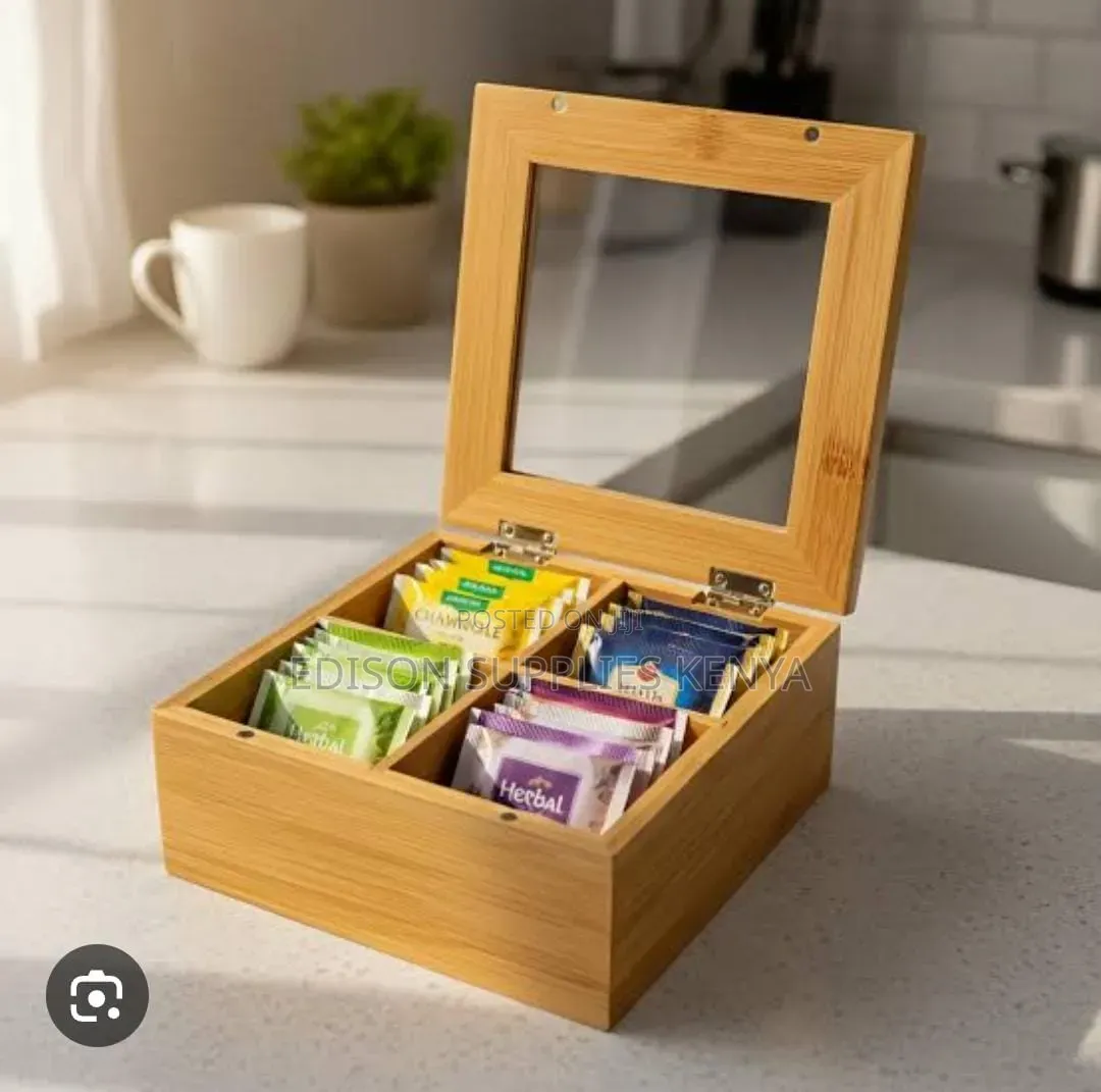 Premium Bamboo Tea Box Organizer With 4 Compartments With Glass Lid