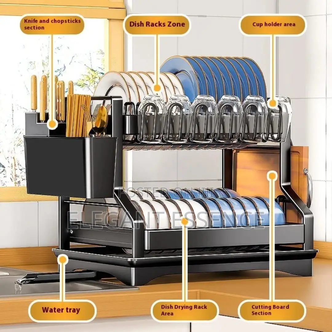 *2 Tier Carbon Steel Dish Drying Rack-Black*