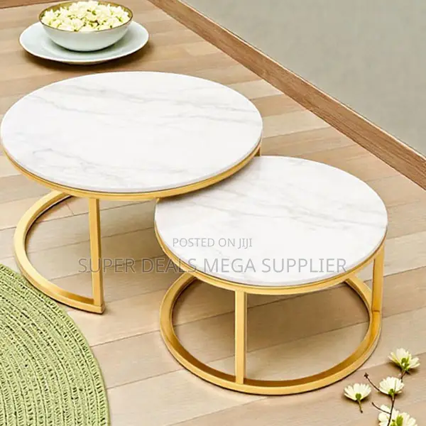 White Marble Accent Coffee Nesting Tables With Elegant Gold Base