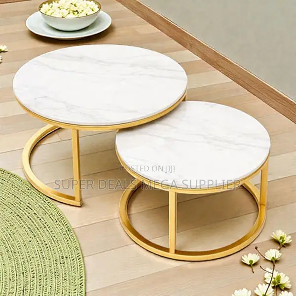 White Marble Accent Coffee Nesting Tables With Elegant Gold Base
