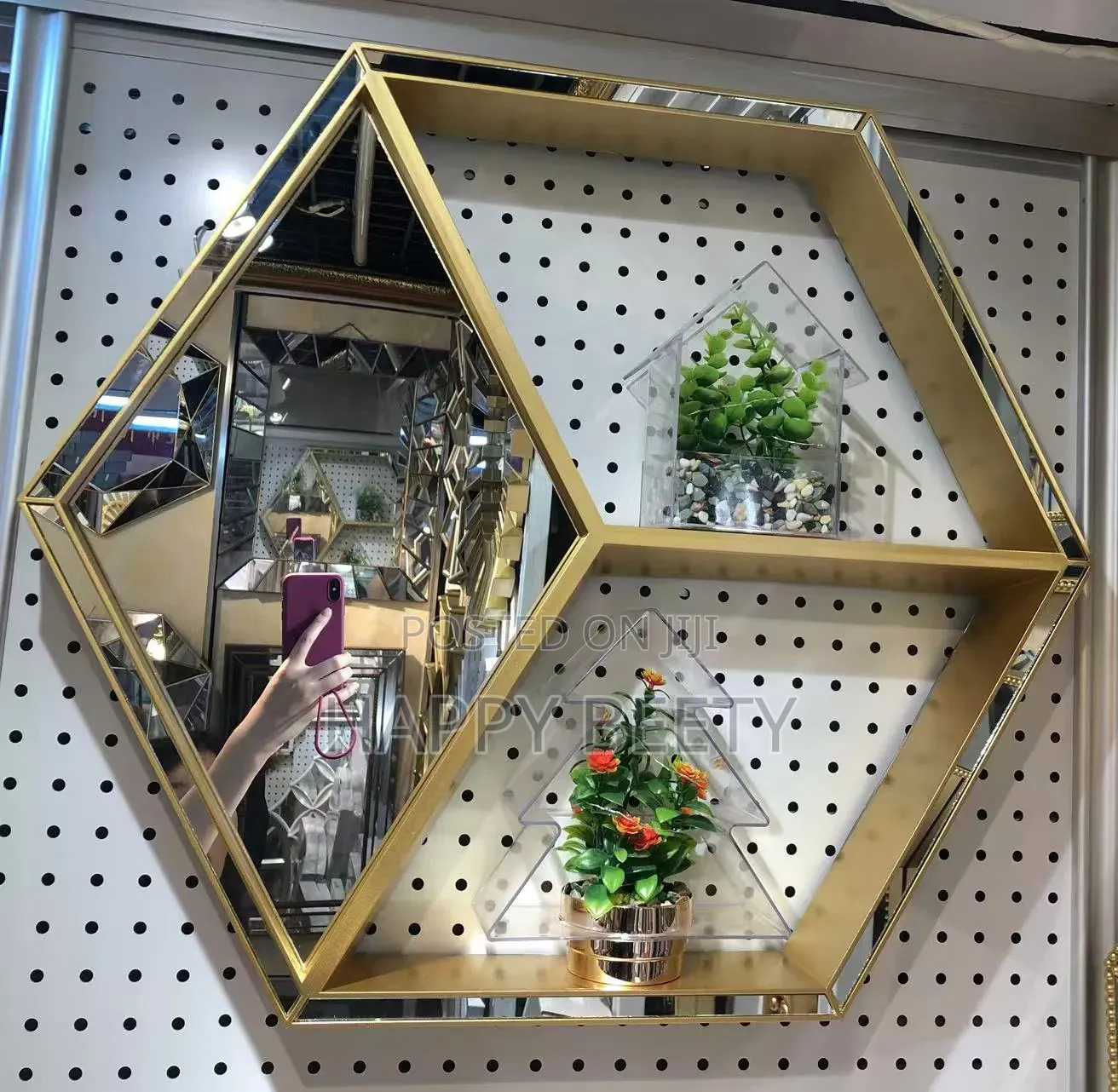  *Luxury Gold Hexagon Wall Mirror With Display Shelves*