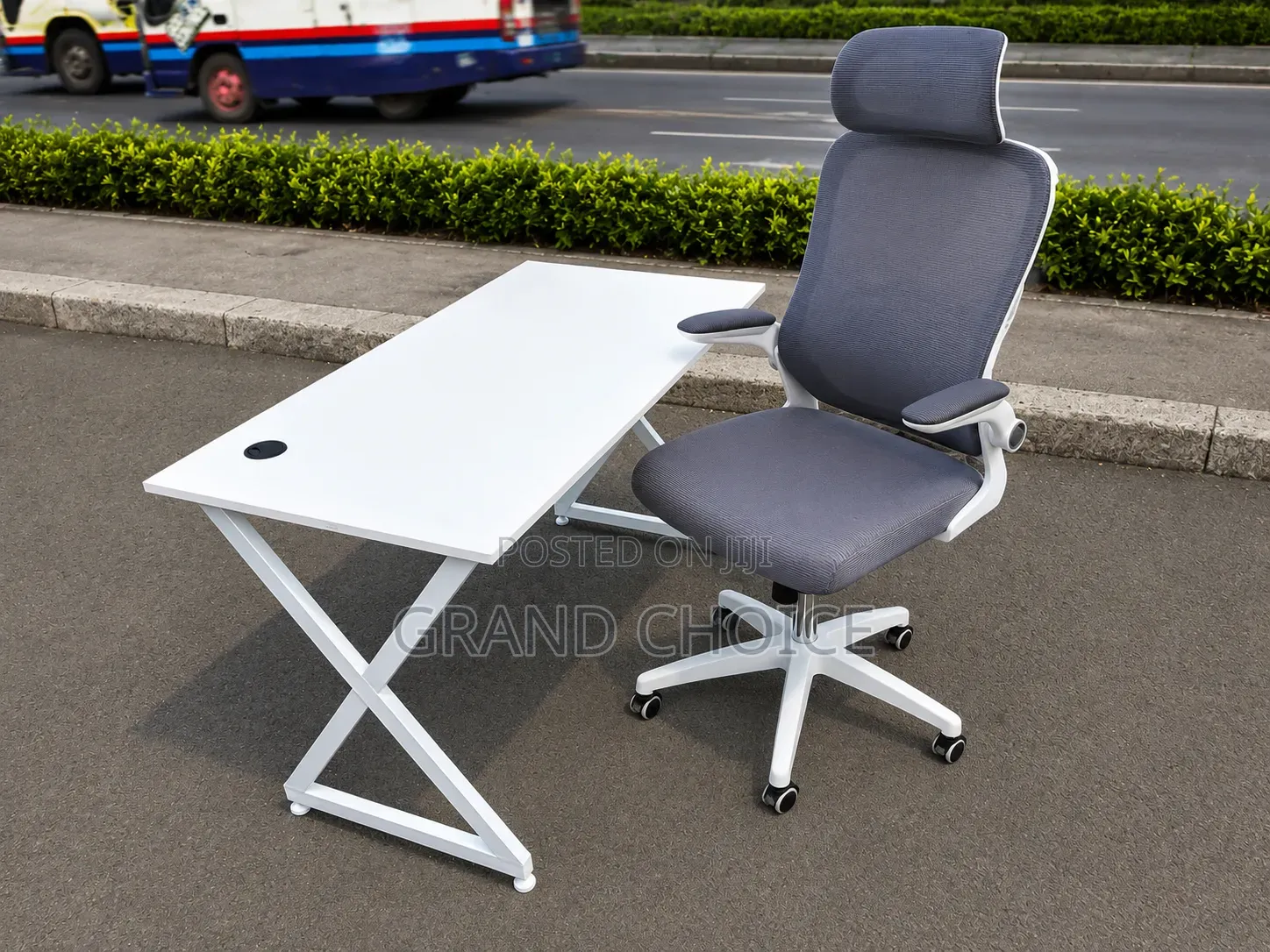 Metallic White Office Table With White Ergonomic Office Chair