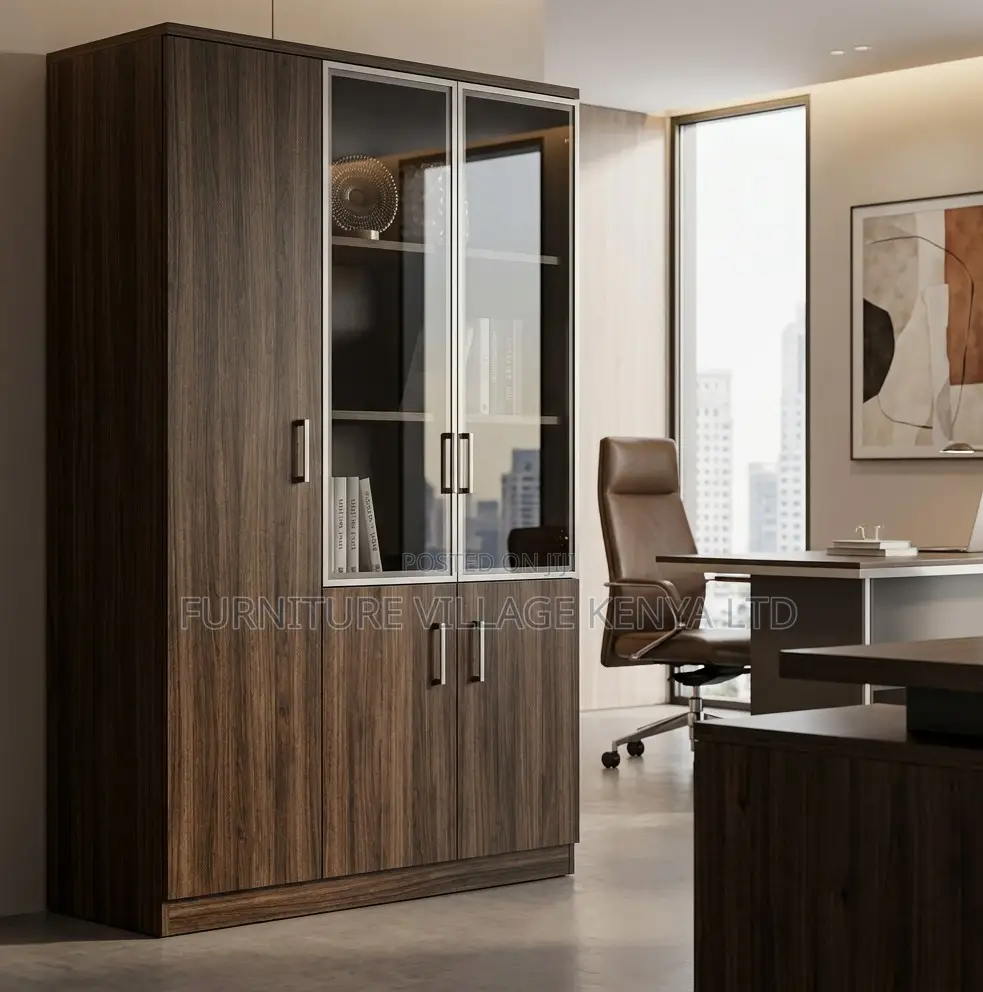 3-Door Full Wooden Office Cabinet With Glass