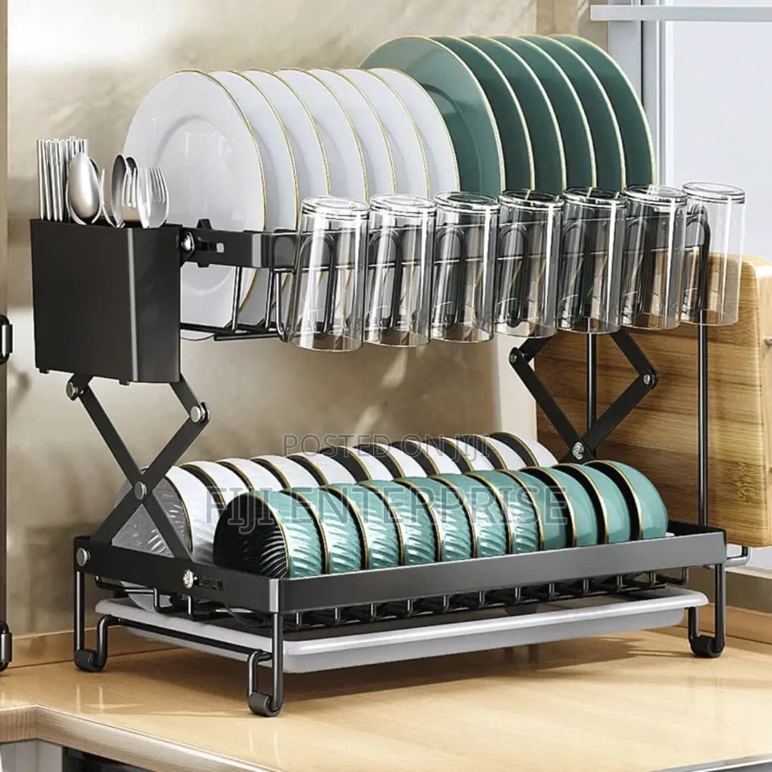 2-Tier Dish Rack With Cutlery Chopping Board Holder Carbon Steel