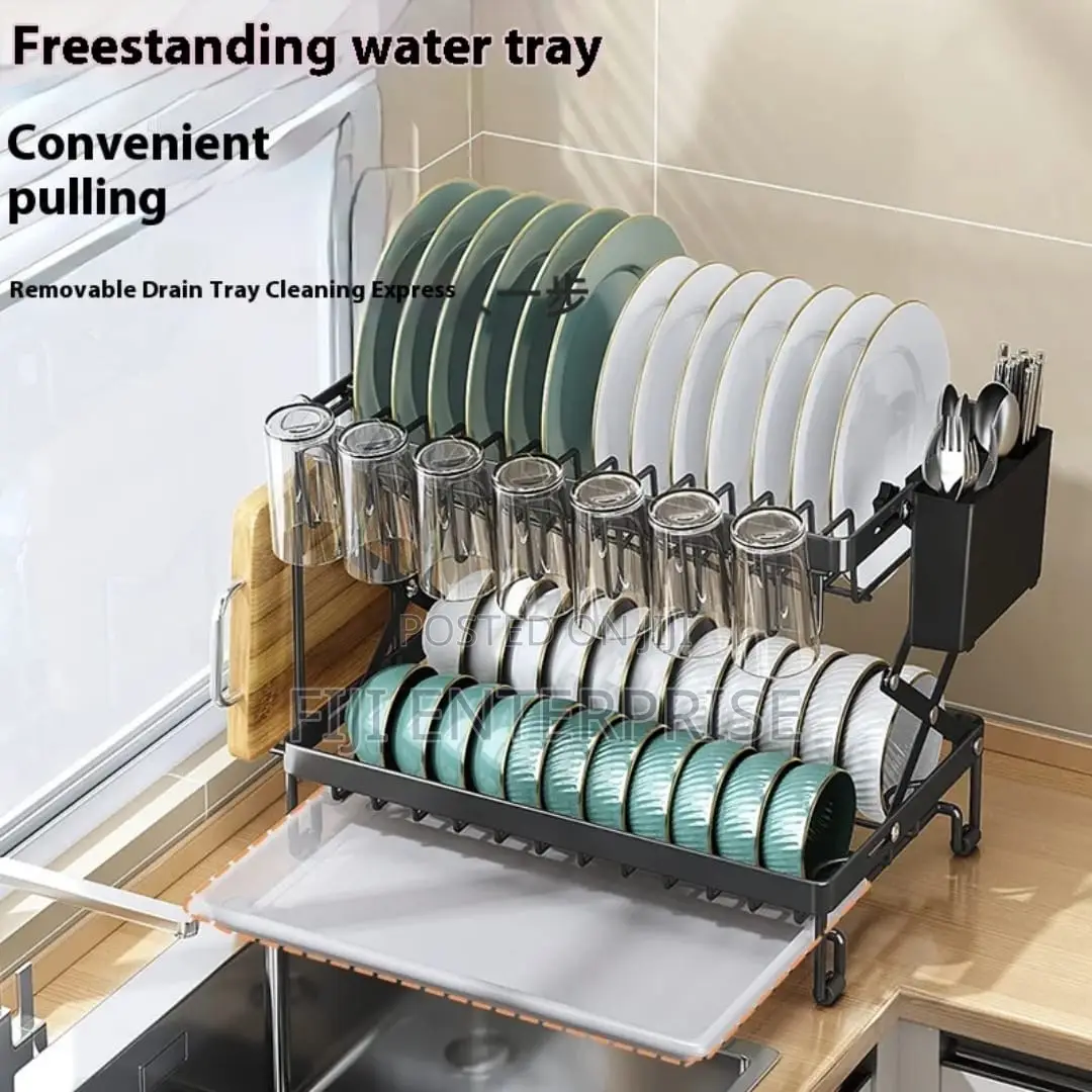 2-Tier Dish Rack With Cutlery Chopping Board Holder Carbon Steel