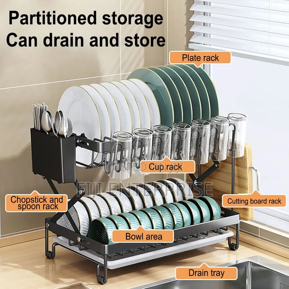 2-Tier Dish Rack With Cutlery Chopping Board Holder Carbon Steel