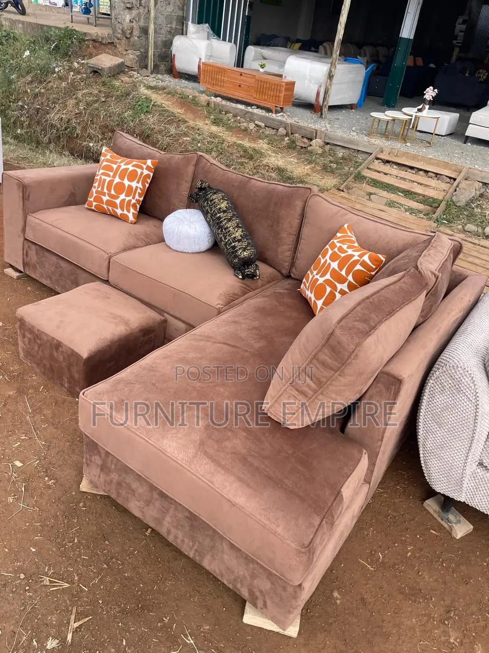 6-Seater Brown Velvet L-Shaped Sofa With Footrest