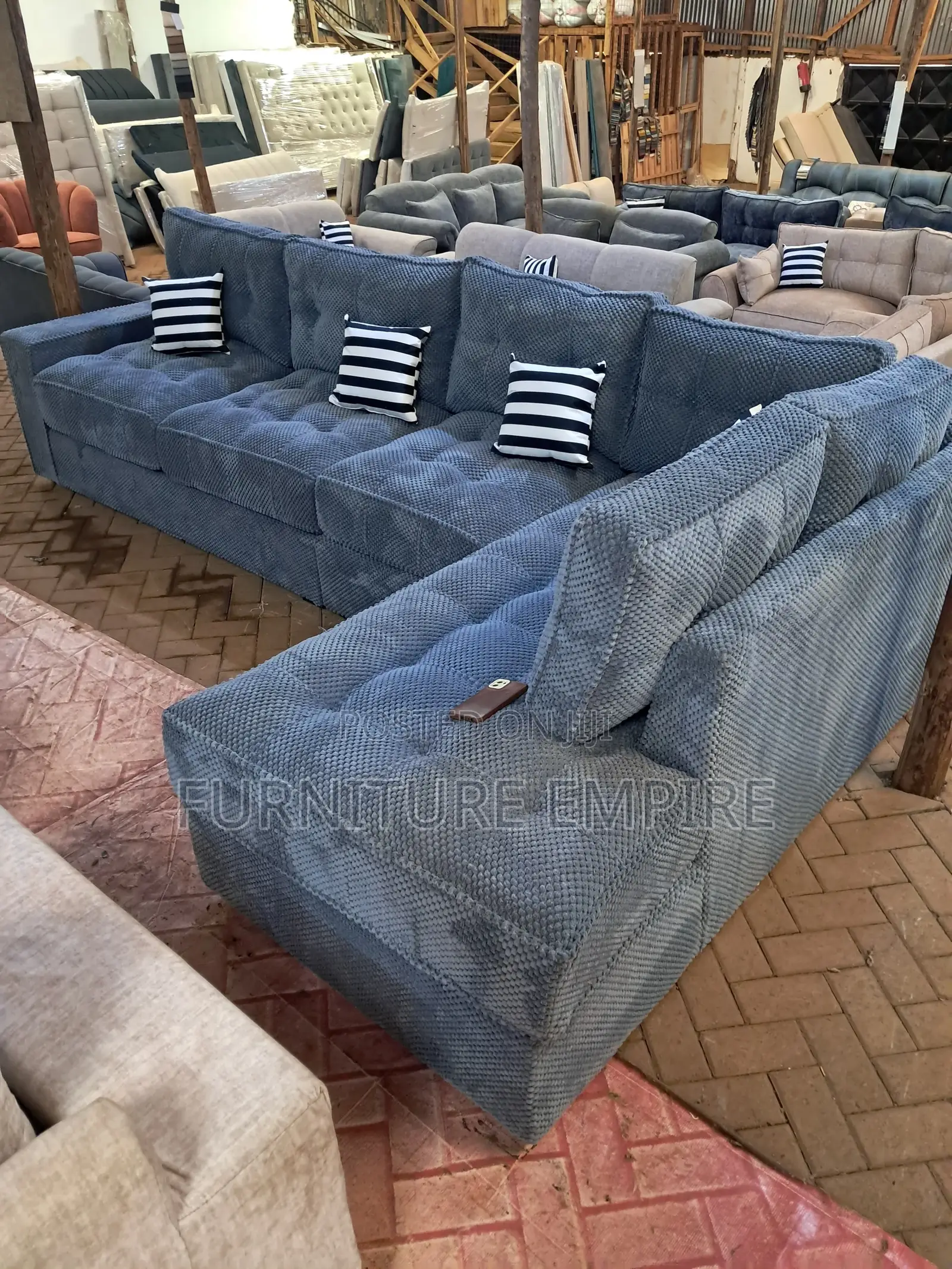 6-Seater Grey Tufted Bubble Fabric L-Shaped Sofa