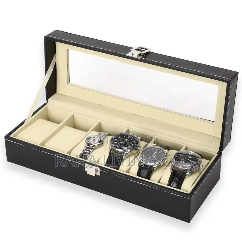 6 Slot Pu Leather Watch Organizer Box | Black