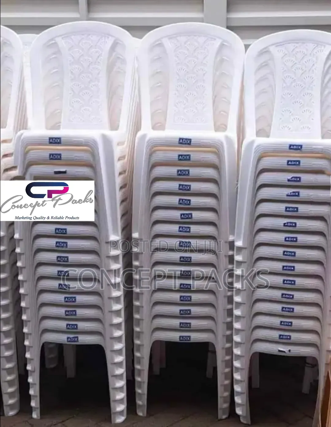 Armless Adix White Plastic Chairs.