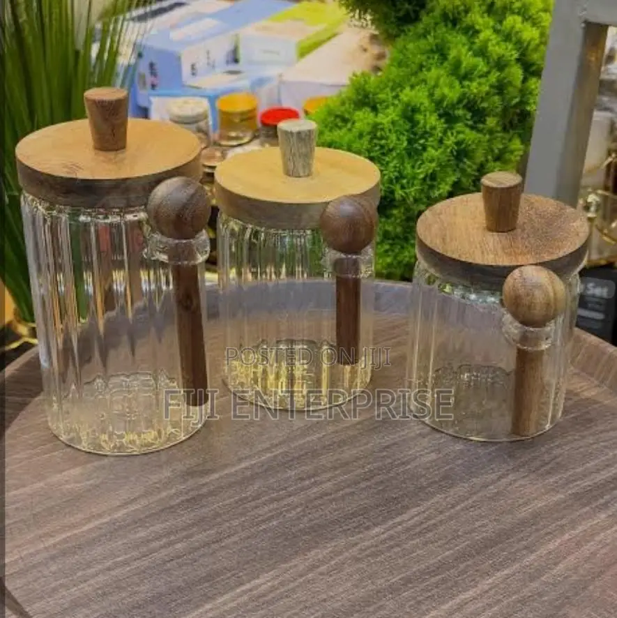 Stylish Ribbed Glass Storage Jars With Acacia Lids Scoops