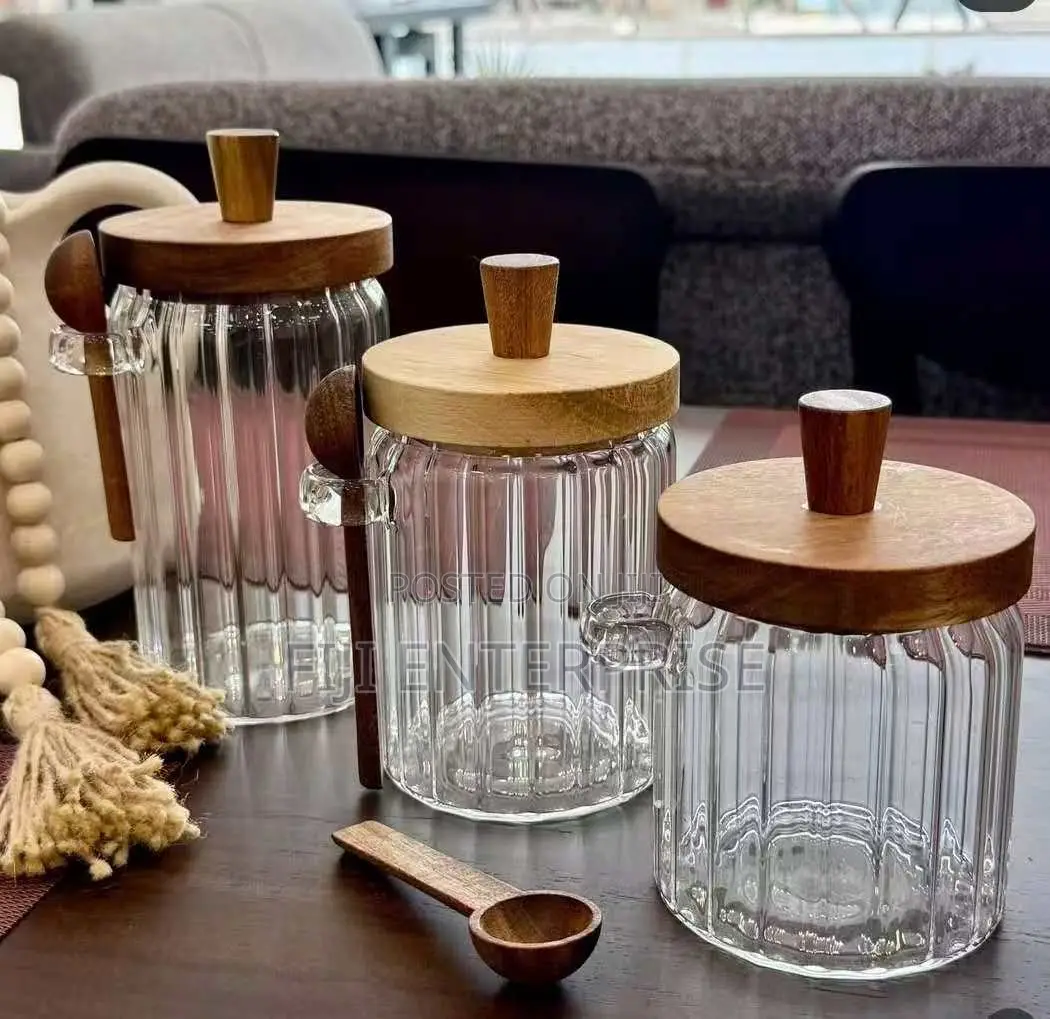 Stylish Ribbed Glass Storage Jars With Acacia Lids Scoops