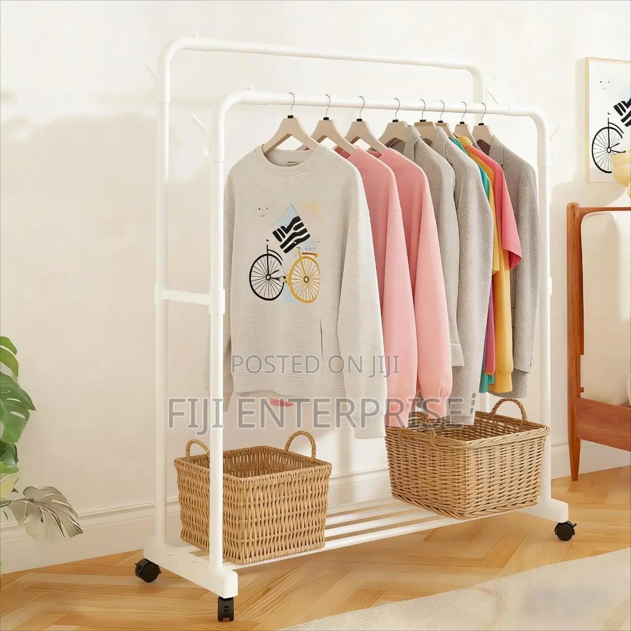 Double Pole Clothing Rack With Wheels Lower Storage Shelf