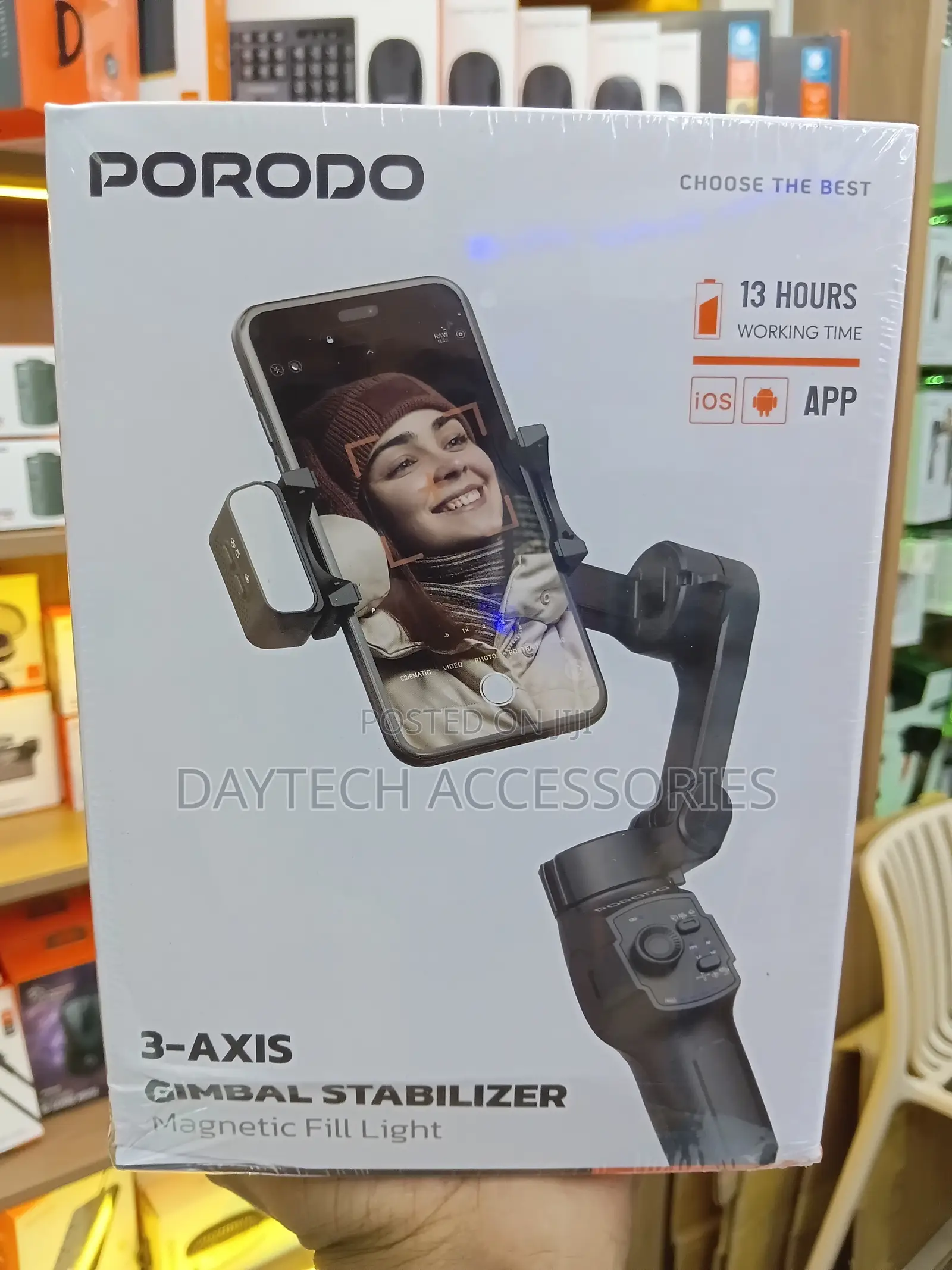 Porodo 3-Axis Gimbal Stabilizer With Magnetic Light 13-Hour Battery