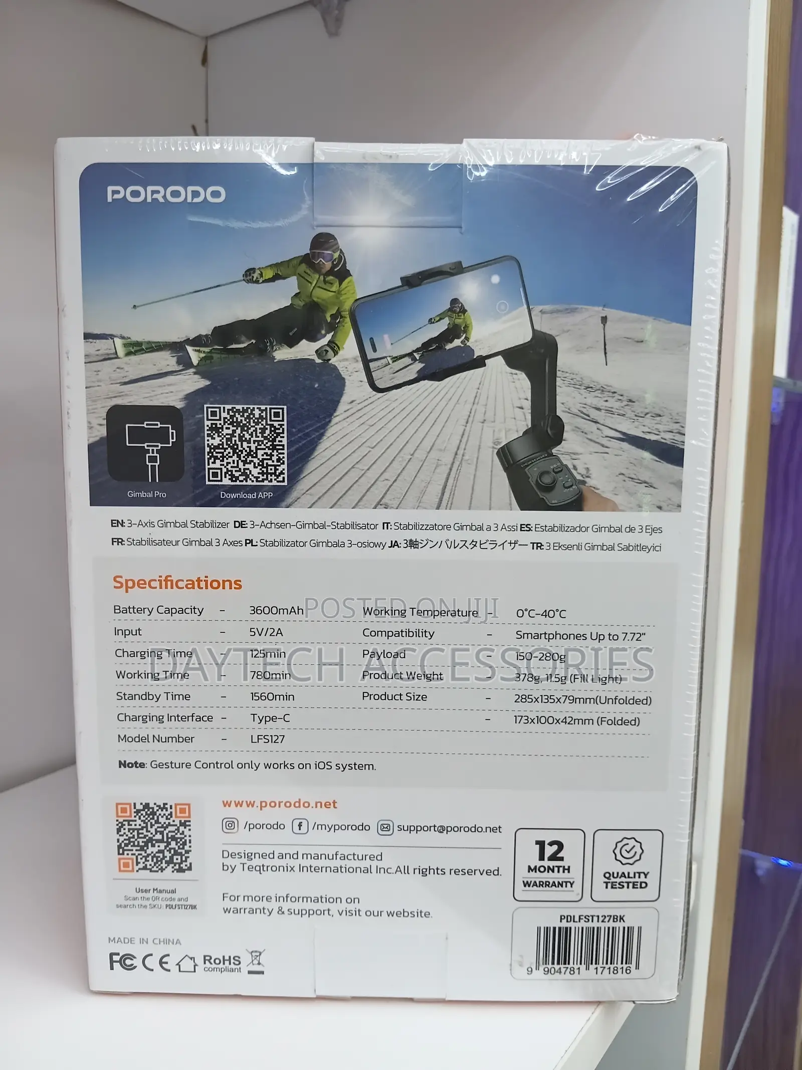 Porodo 3-Axis Gimbal Stabilizer With Magnetic Light 13-Hour Battery
