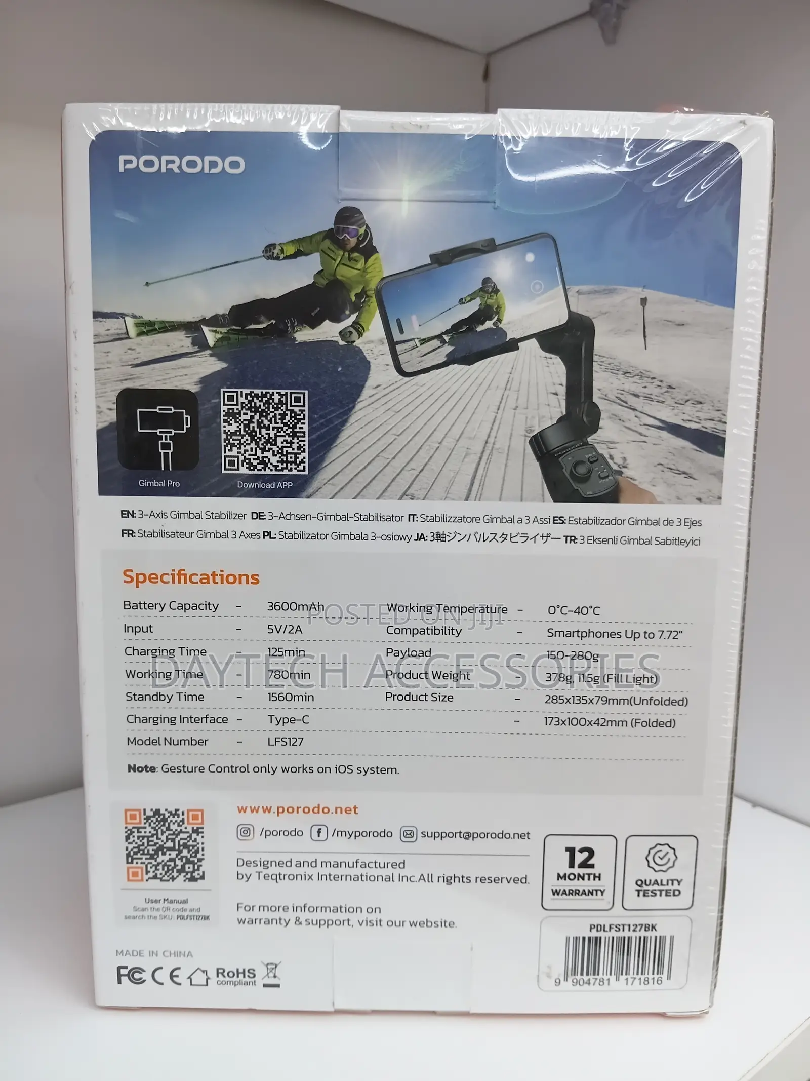 Porodo 3-Axis Gimbal Stabilizer With Magnetic Light 13-Hour Battery