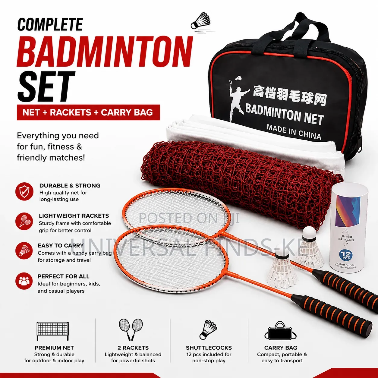 Complete Badminton Set – 2 Badminton Rackets, Shuttlecocks Net