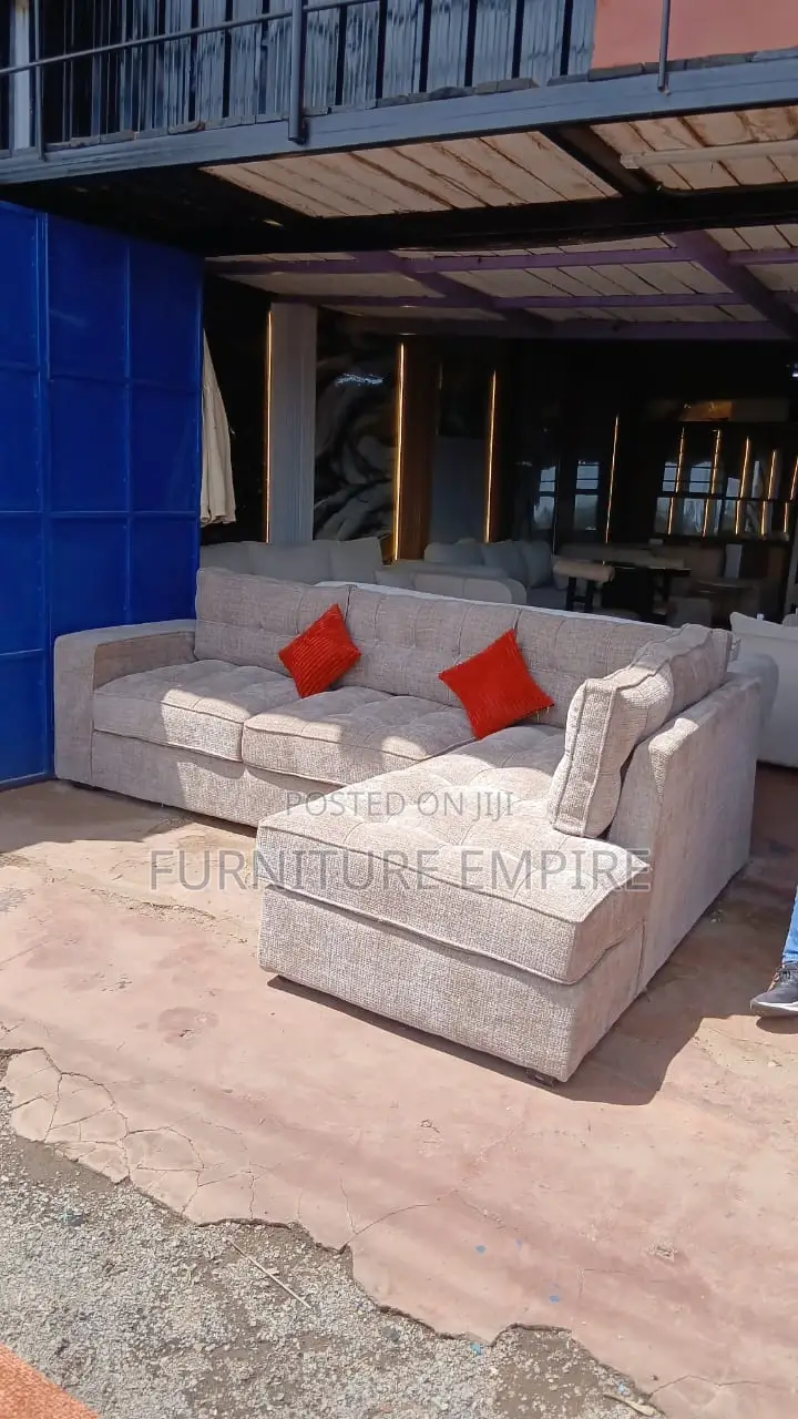 6 Seater Beige Tufted L Sofa With Cushions