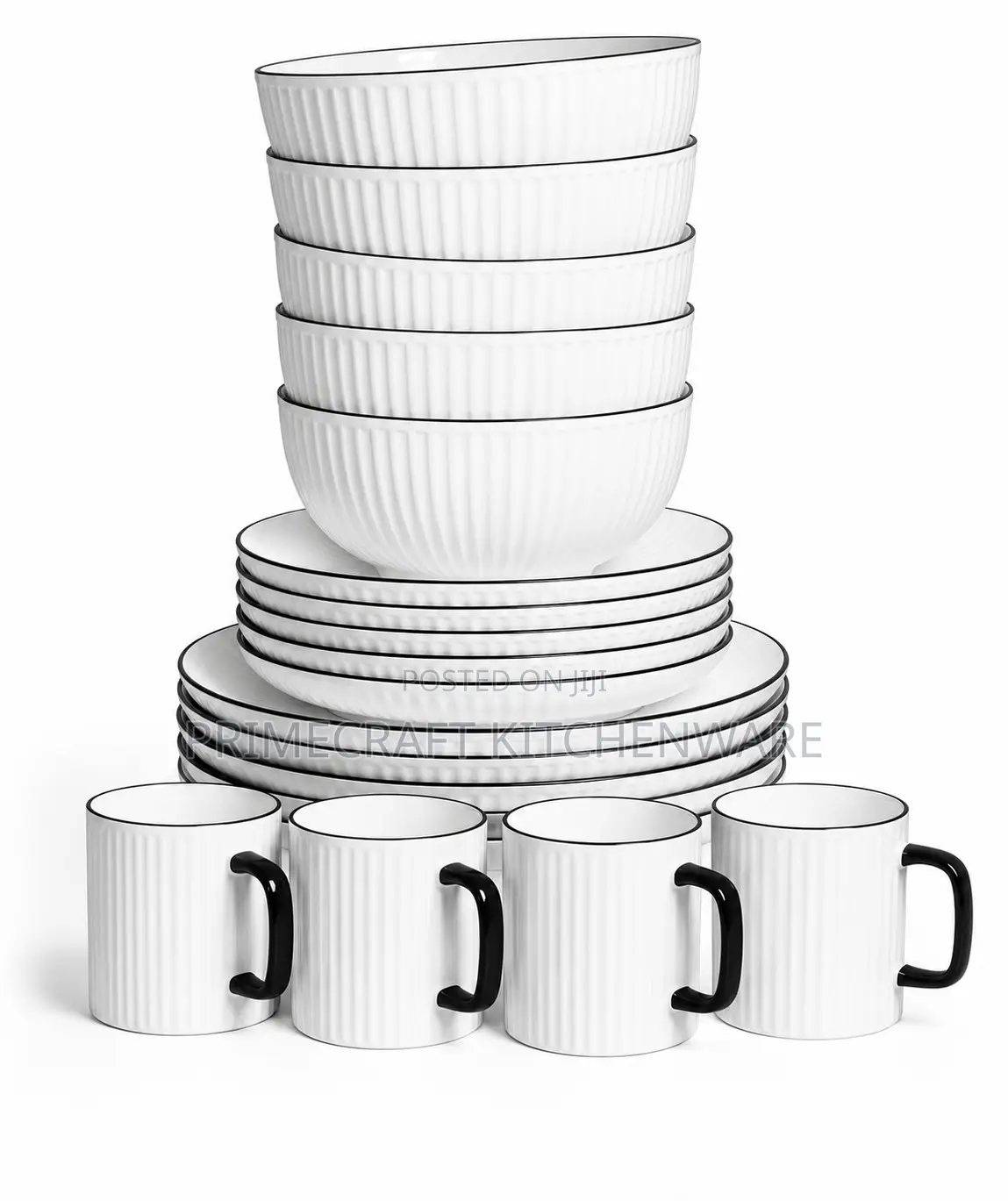 24 PCS Japanese Dinner Set White With Cups With Black Handle