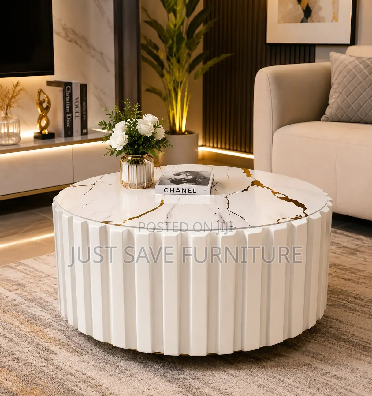 Modern Round Marble Coffee Table – White Gold Finish
