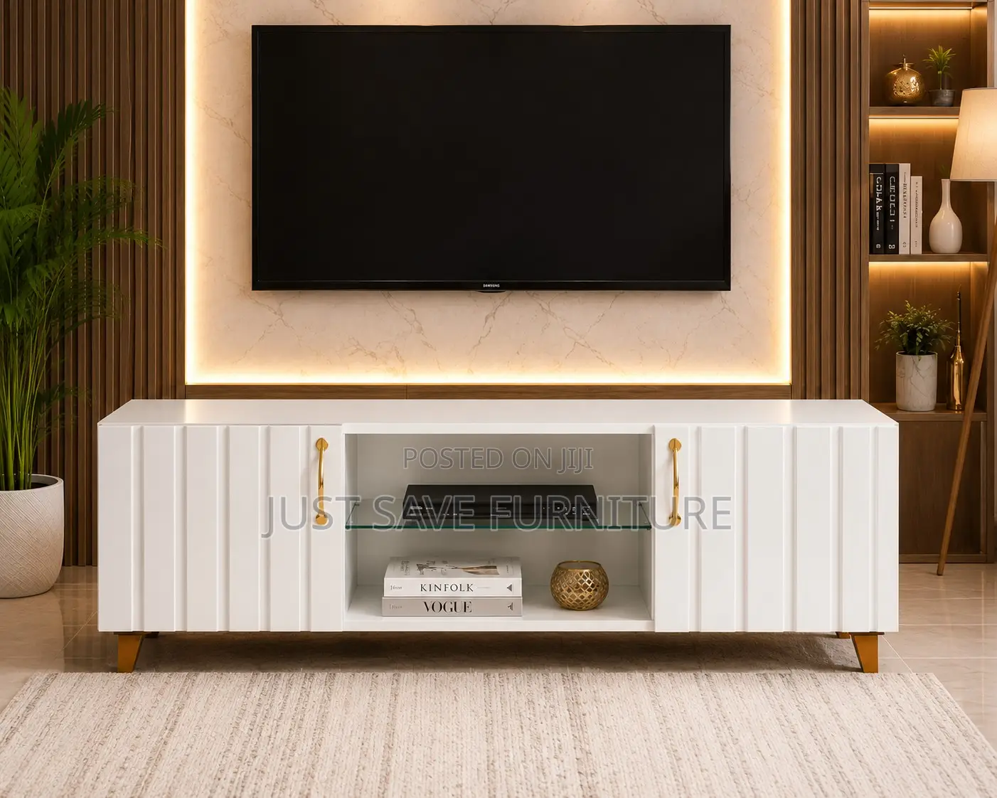 4.5ft Modern White Tv Stand With Fluted Doors