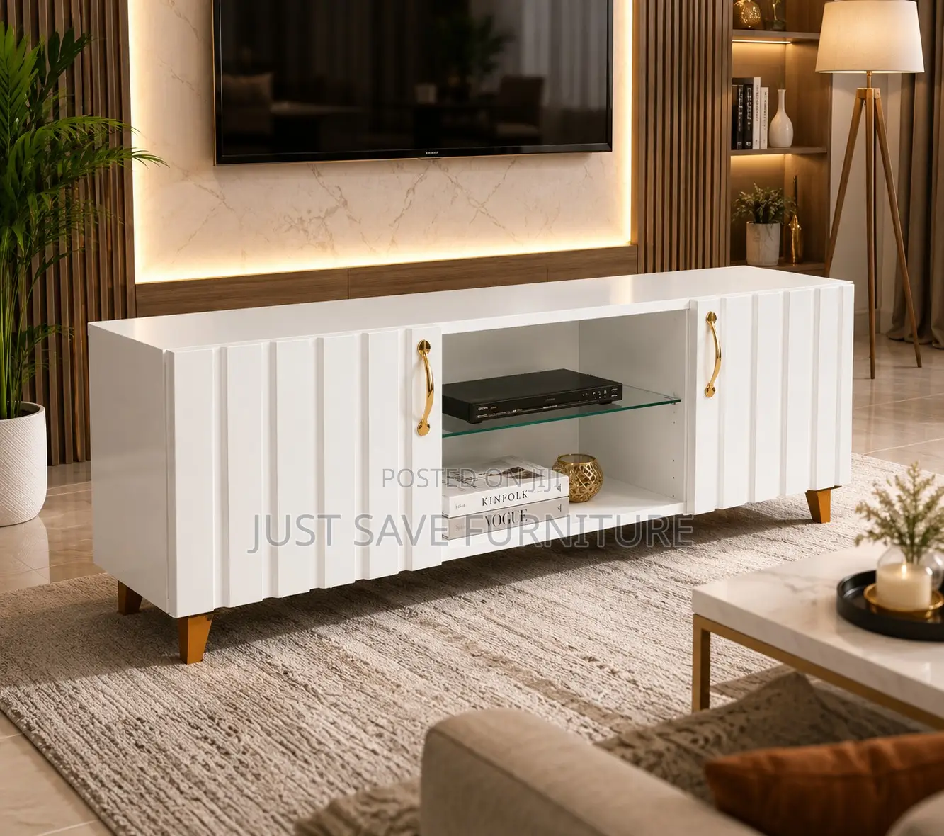 4.5ft Modern White Tv Stand With Fluted Doors