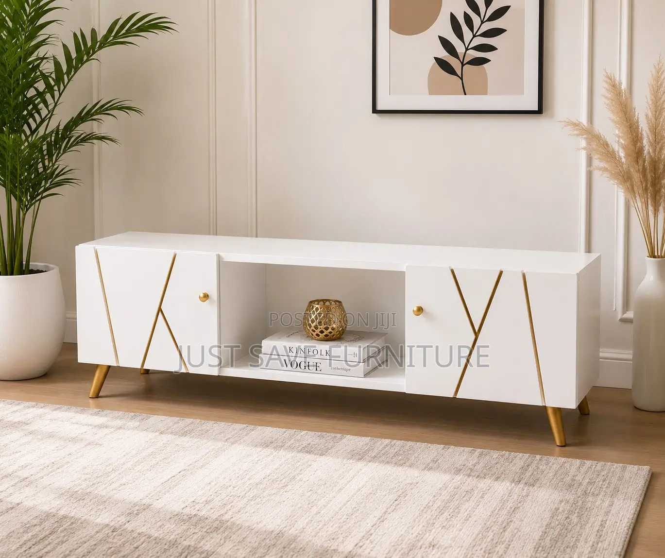 Modern 5ft White Tv Stand With Gold Accents