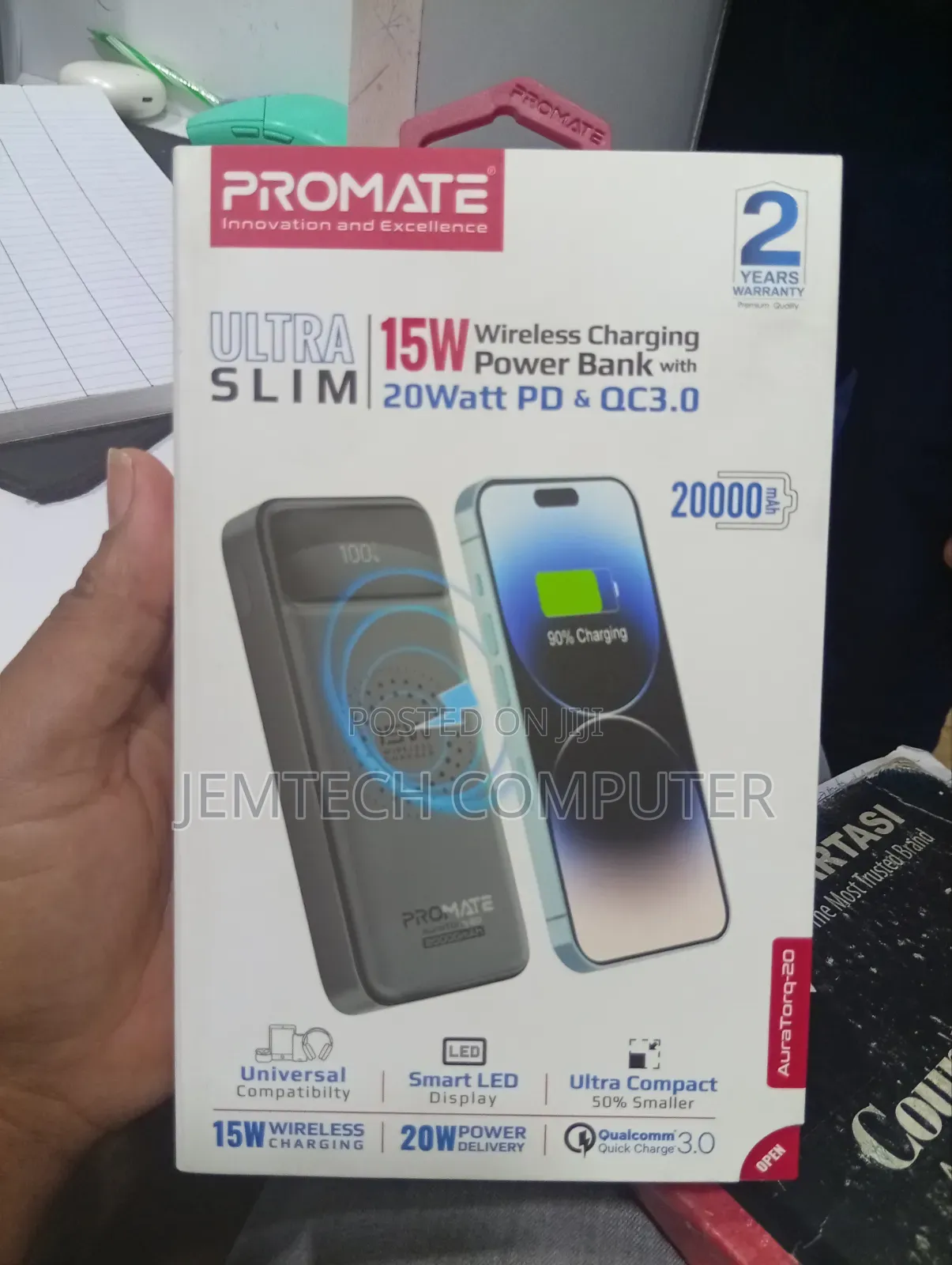 Promate 20000mAh Ultra Slim Wireless Charging Power Bank 15W Wireless