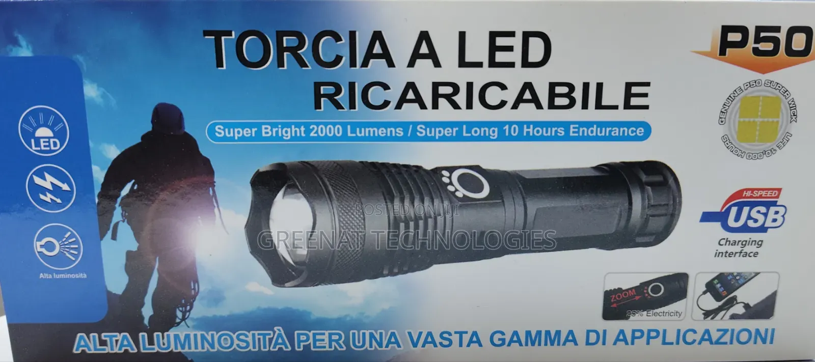 Rechargeable Powerful 2000 Lumens Flash Light Torch Zoom Adjustable