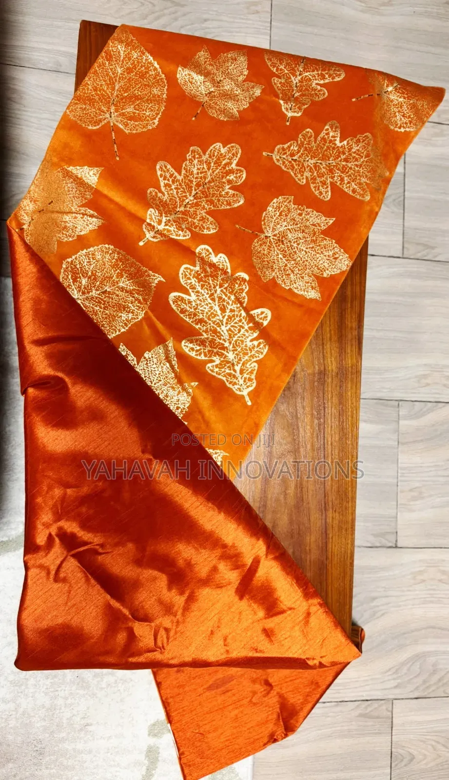 Stunning Oriental Table Runner Burnt Orange Gold Leaf Velvet Satin