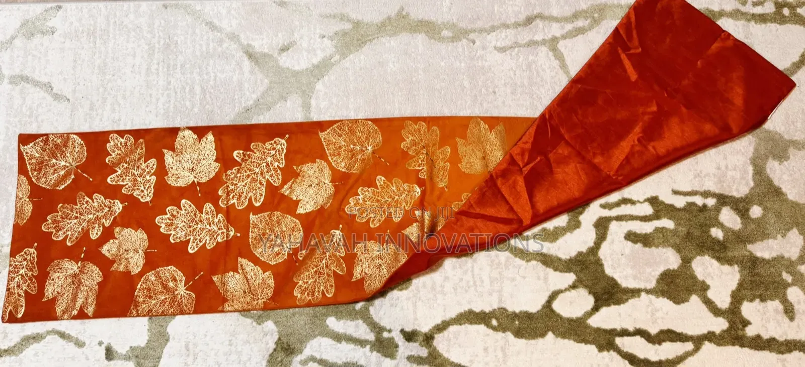 Stunning Oriental Table Runner Burnt Orange Gold Leaf Velvet Satin