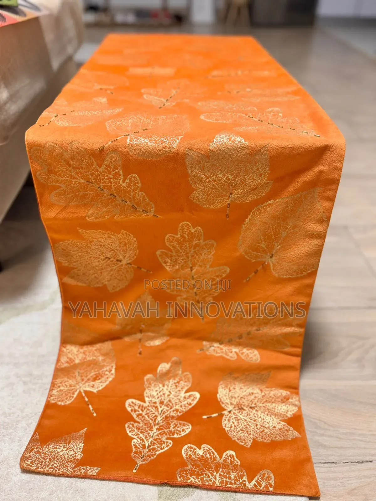Stunning Oriental Table Runner Burnt Orange Gold Leaf Velvet Satin