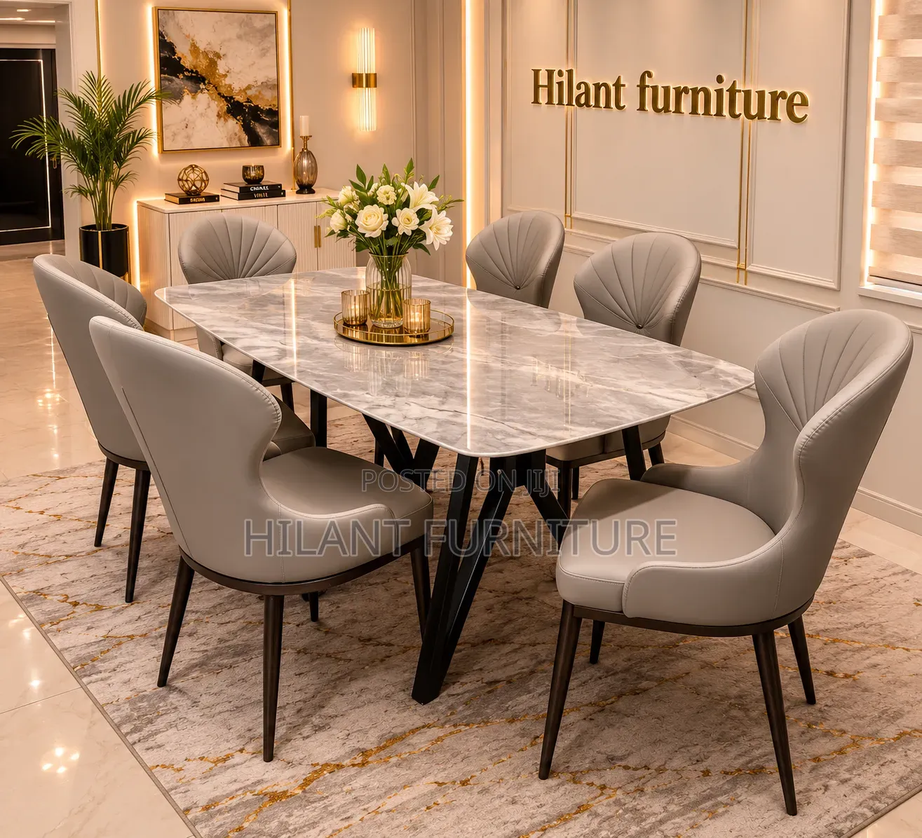 Elegant Six-Seater Marble Top Dining Table