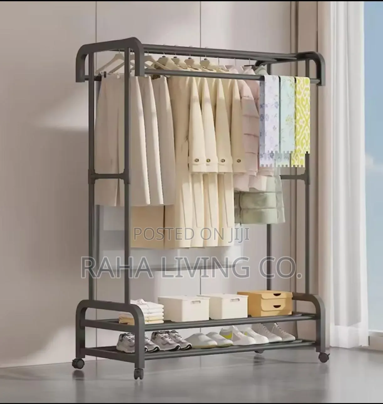 Double Pole Wheeled Clothes Drying Rack Shoe Rack | Black