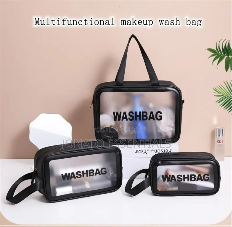 3 Piece Transparent Travel Toiletry and Makeup Organizer Bag Set