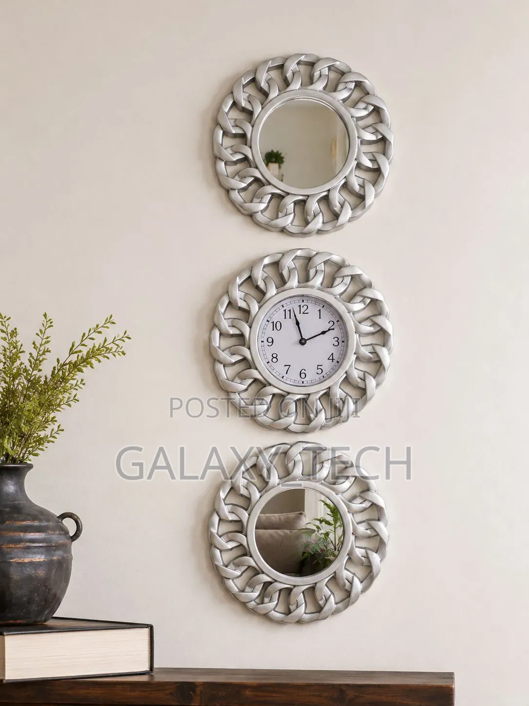 3pc Wall Clock Set With Mirror Decor