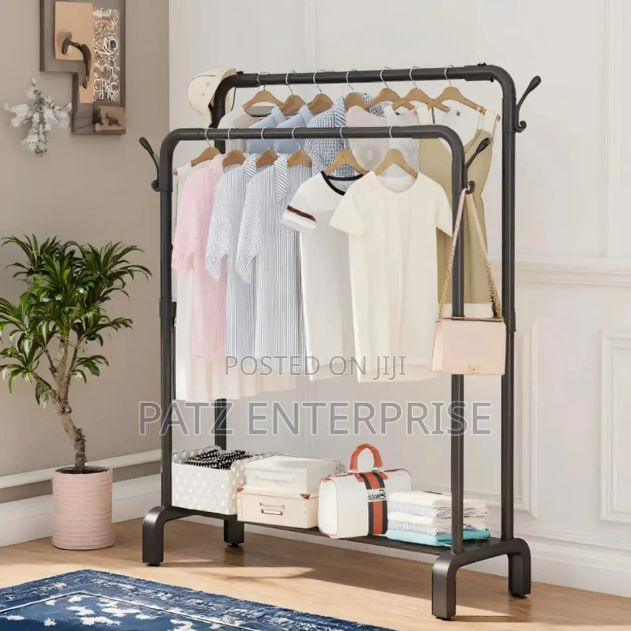 Double Pole Clothing Rack With Wheels Lower Storage Shelf for Shoes