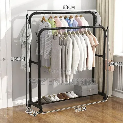 Double Pole Clothing Rack With Wheels Lower Storage Shelf for Shoes