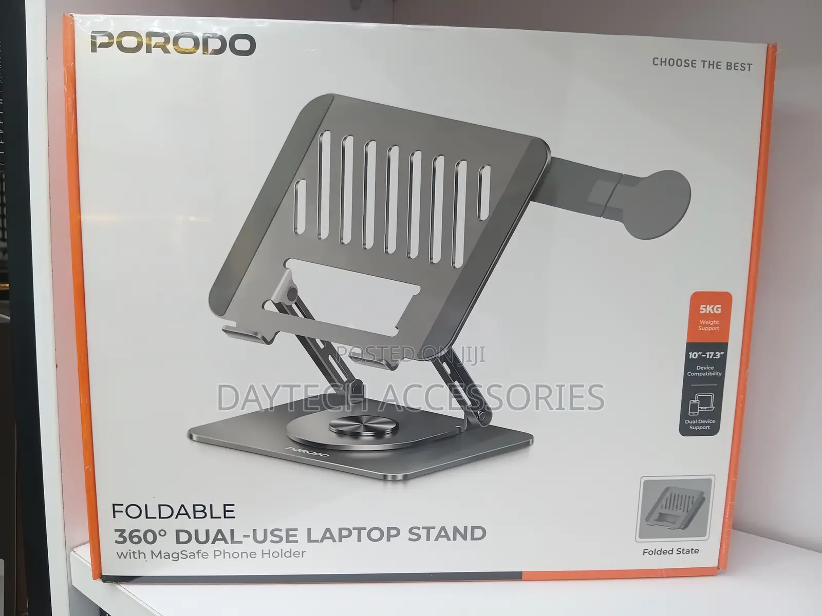 Porodo Foldable 360° Dual-Use Laptop Stand With MagSafe Phone Holder.