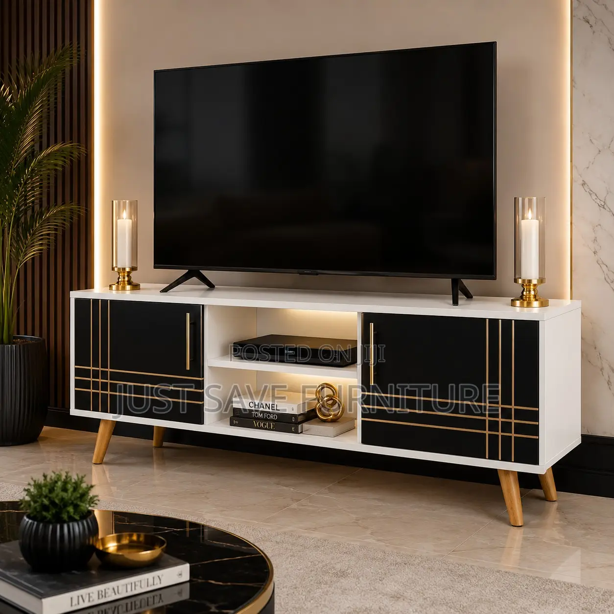 Modern 5FT White Black TV Stand With Gold Accents