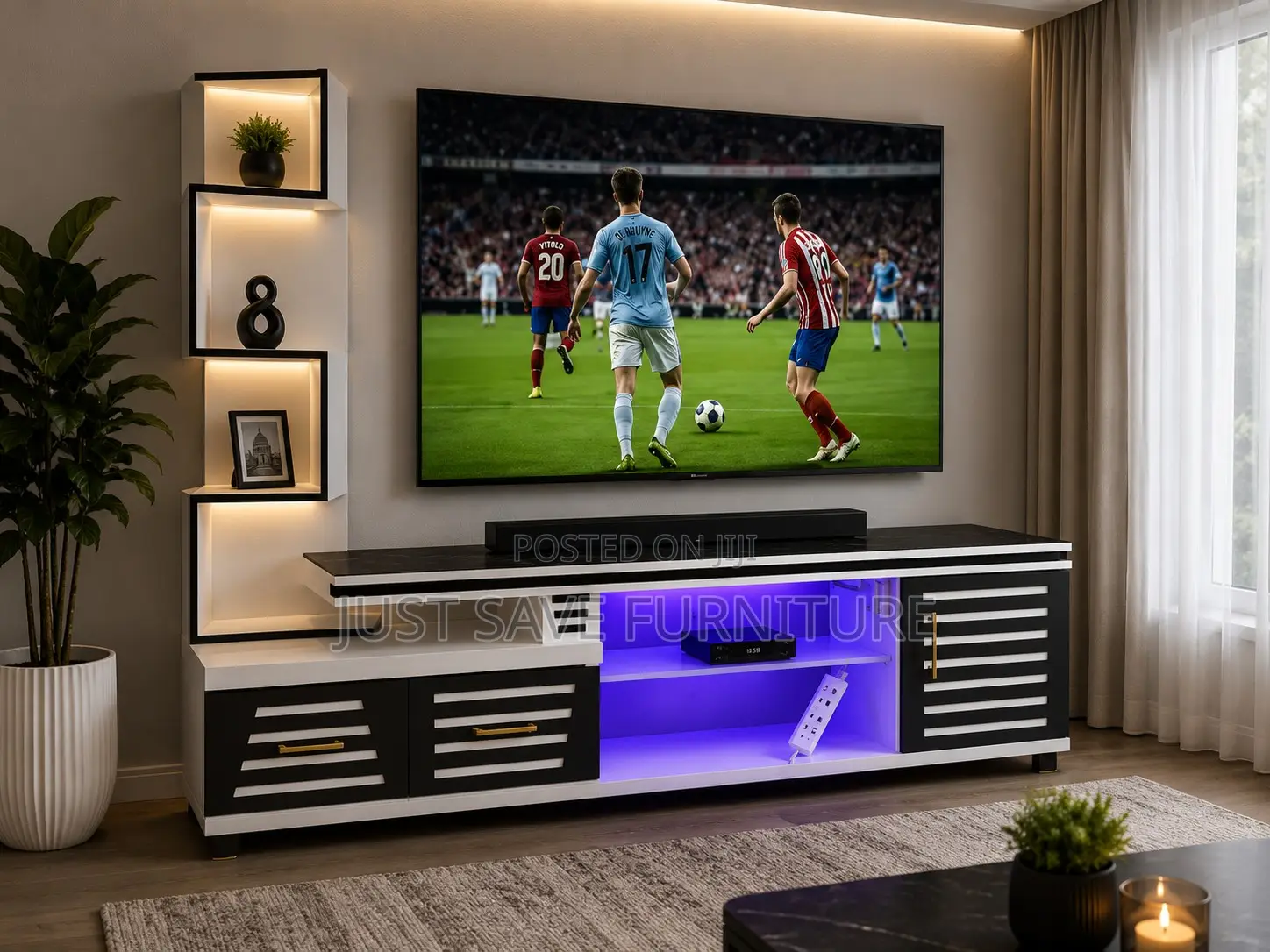 Modern 5FT Black White TV Stand With Display Shelf